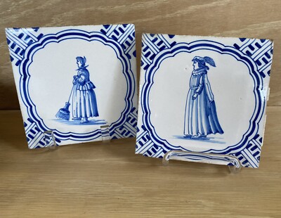 2 NICE 18th Century Dutch Delft 6  Blue / White Tiles of Peasant Girl, Nobleman