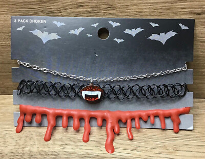 3pc Halloween Party Novelty Gothic Blood Drip Vampire Lips Chocker Necklace Set