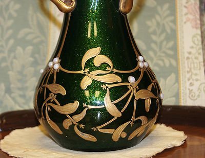 Art Nouveau French Green Glass Beaded Vase Three Handled Love Cup Circa 1900