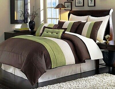 Luxury Stripe Full Size 8 Piece Black Grey and White Bedding Comforter  Set
