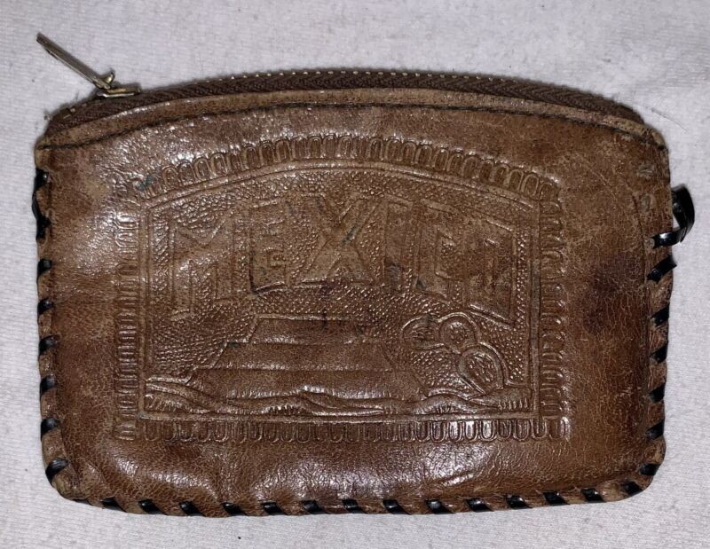 Vintage Leather Tourist Mexican Coin Purse with Aztec Calendar