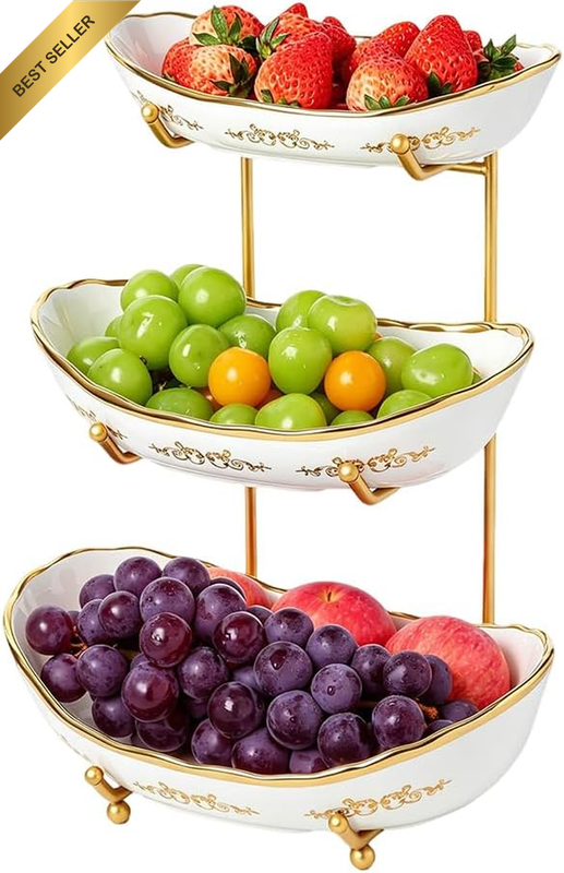 3 Tier Fruit Bowl, Ceramic Fruit Stand with Gold Scrollwork, Stackable Design, M