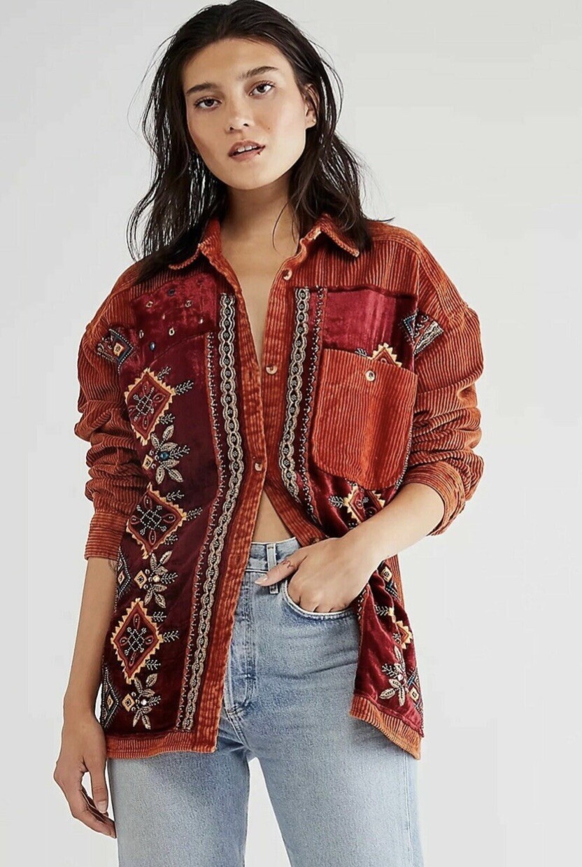 

Вельветовая куртка Free People Best Dressed, украшенная вышивкой из бисера, ржавчина , НОВИНКА, Rust wine, Best Dressed