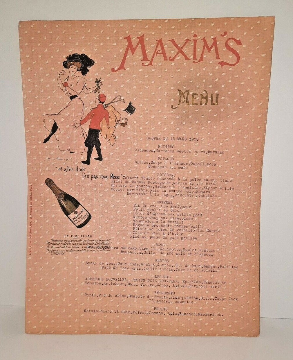 Early Restaurant Menu MAXIMS Paris March 1908 unique