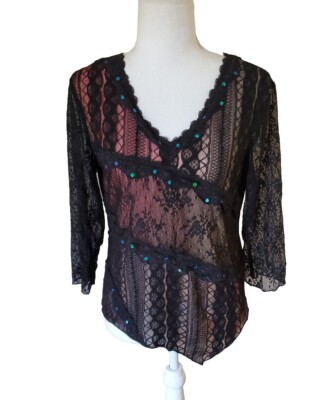 Amazon 'Zashi' Black Layered Lace  Embellished V Neck Top Women's Small