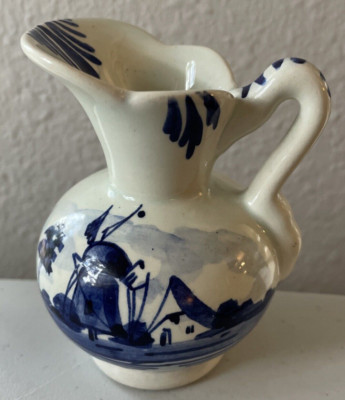 Vintage DELFTS POTTERY Blue Mini Jug Pitcher Creamer Hand Painted Holland 3.375''