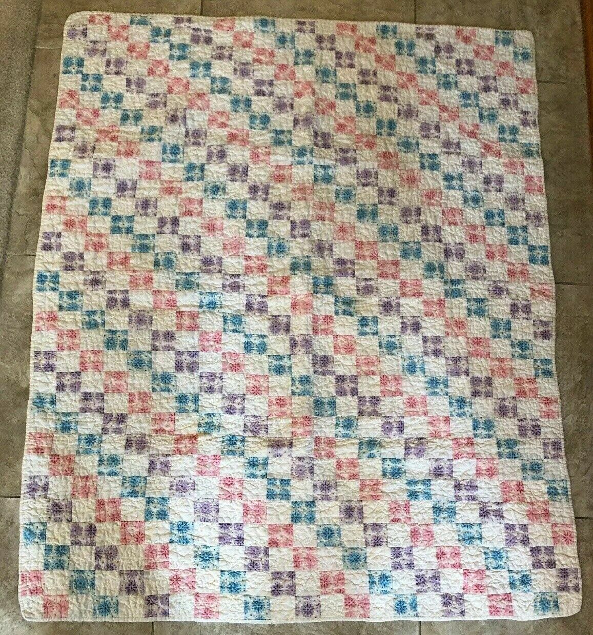 Vtg Handmade Quilted Lap Blanket Baby Crib Quilt Pieced Blocks 44