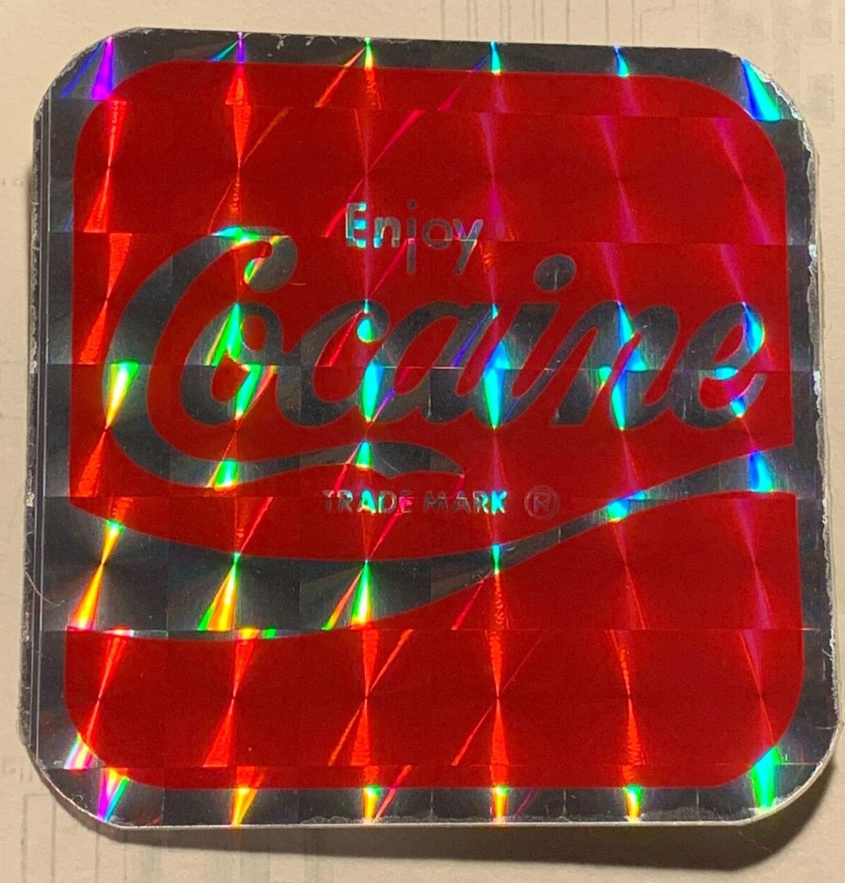 ENJOY COCAINE COKE VINTAGE 1970's PRISM DECAL STICKER 2.75" x 2.75" NOS