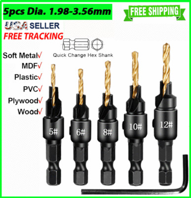 6Pcs COUNTERSINK Drill Bit Set 1/4'' Hex Shank HSS Woodworking Pilot Screw Holes