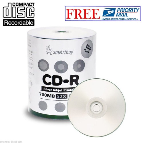 100 Pcs SmartBuy Blank CD-R CDR 52X 700MB/80Min Silver Inkjet Hub Printable Disc