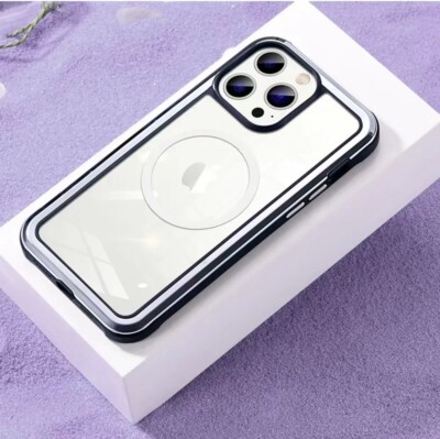 For iPhone 14 Pro Max Stainless-Frame Metal Shockproof Rubber Bumper Clear Case