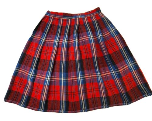 Vintage 1970s Pre-teen Girls Skirt Groovy Mod Bright Pleated Plaid Red Blue 9-10