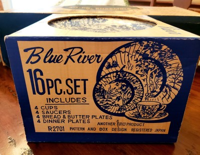 Vintage Nasco (Japan) Blue River Complete Plate Setting, etc - Country Scene 