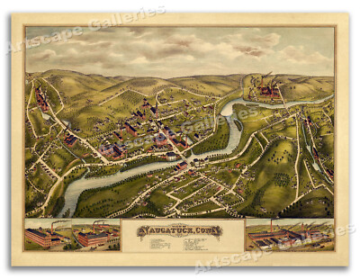 Bird's Eye View 1877 Naugatuck Connecticut Vintage Style City Map - 18x24