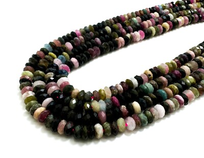 Natural Multi color Rainbow Tourmaline Faceted Rondelle Gemstone Beads - RDF66