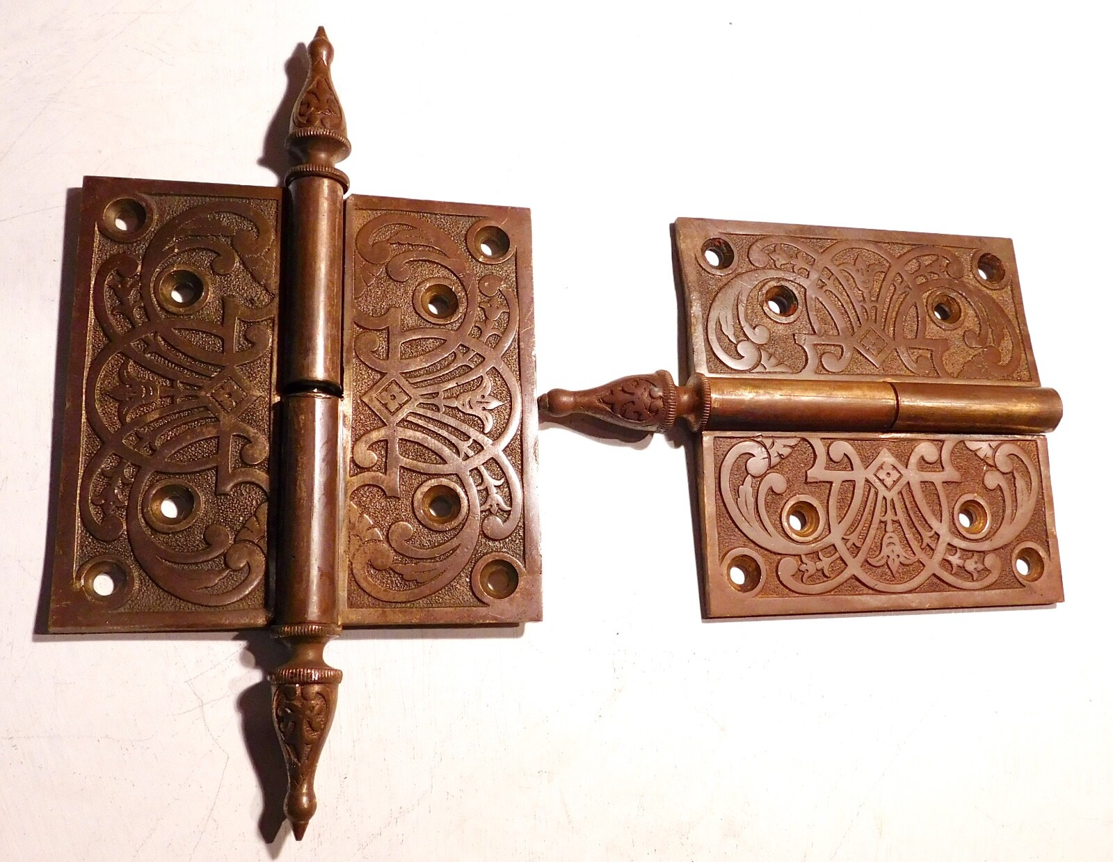 2 Antique Bronze Door Hinges ornate Hopkins Dickinson 4.5x4.5 vintage victorian