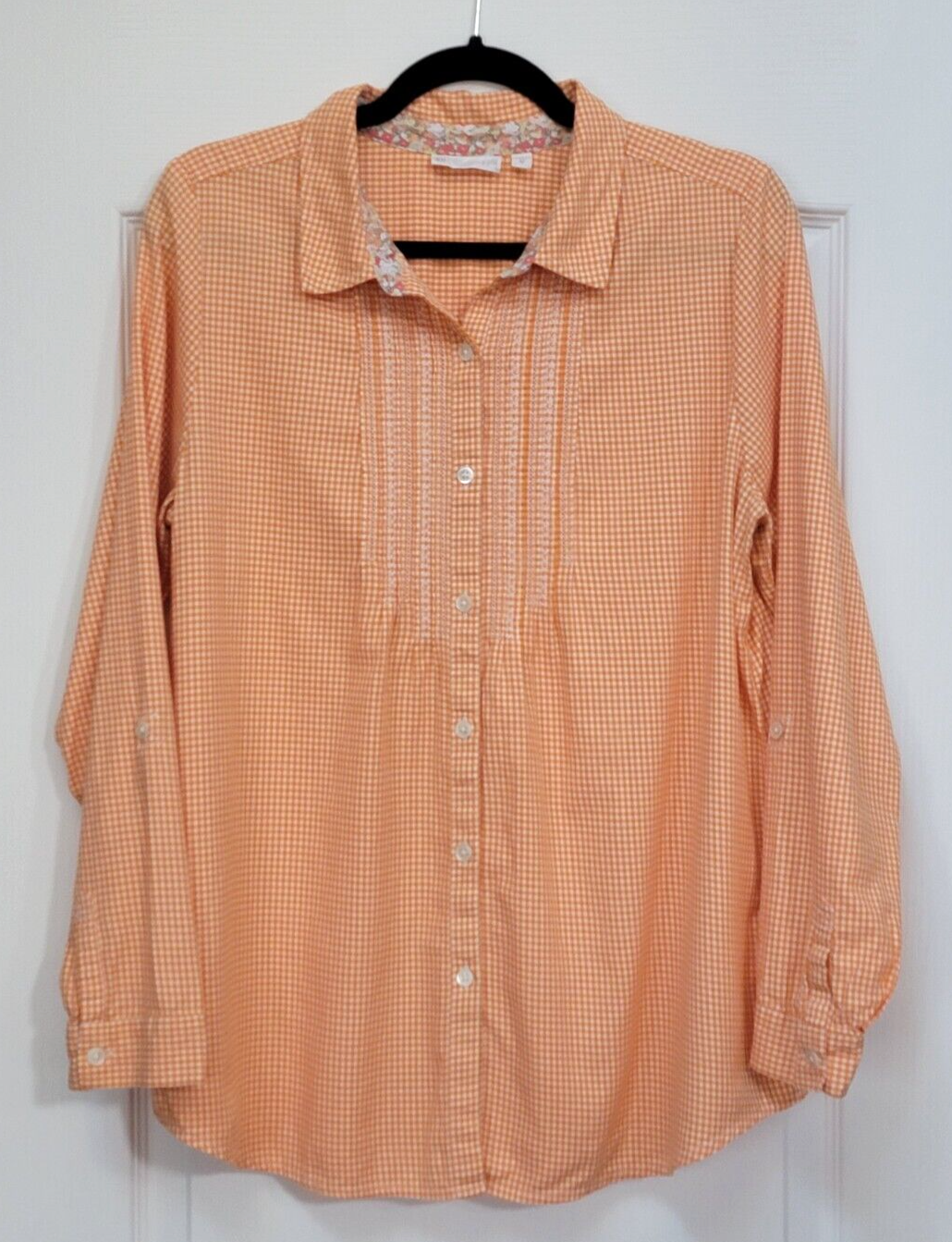 J. Jill Uncommon Threads Shirt Womens Medium 100% Cotton Orange Gingham Pleated