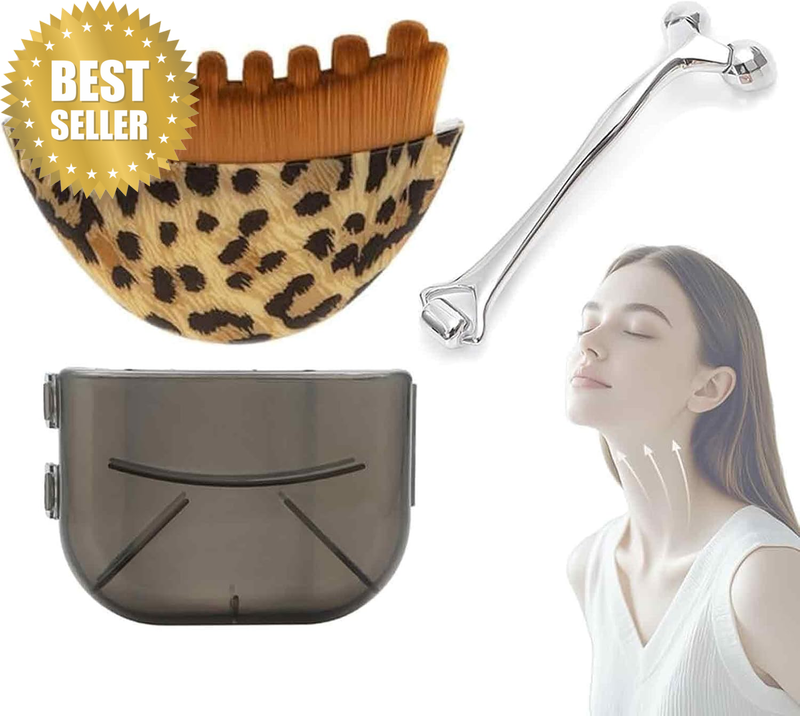 2PCS, Lymphatic Contour Face Brush & Silver Facial Roller Set – Cooling Massager