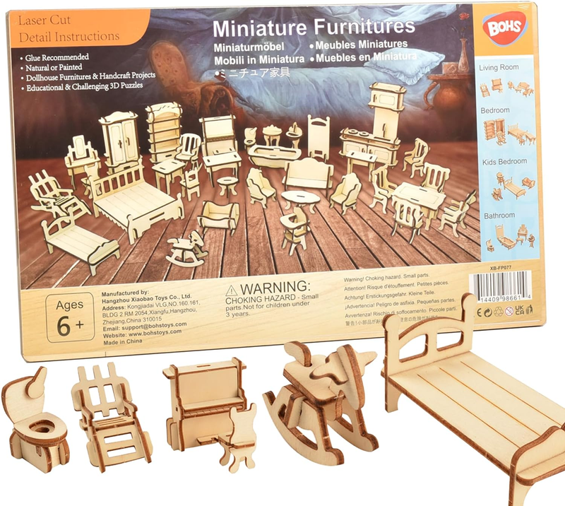 34-Piece Dollhouse Furniture Set - Laser Cut Wooden 3D Puzzles - Miniature Doll
