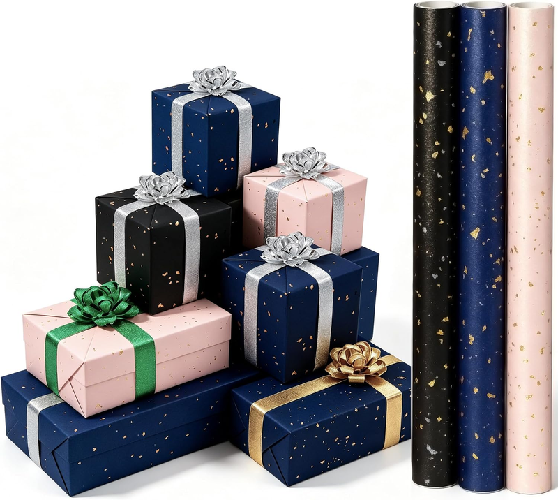 3 Rolls Kraft Wrapping Paper | Gold & Silver Flecks, Smooth Matte Finish, 43Cm X