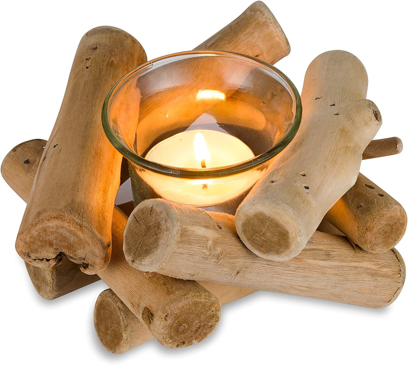 Sziqiqi Handmade Wooden Tea Light Candle Holder with Glass Cup Rustic Country Co