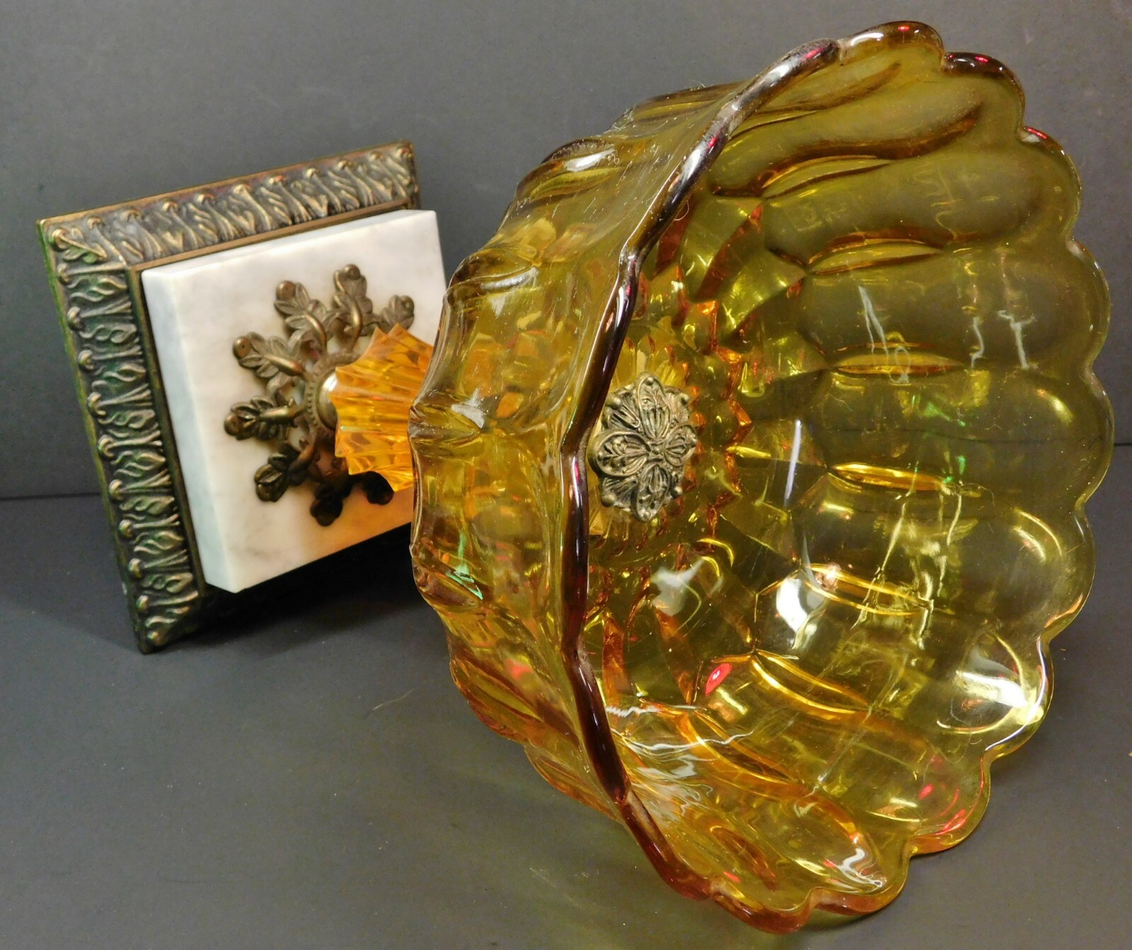 Vintage Hollywood Regency Amber Glass and Metal Compote Candy Dish