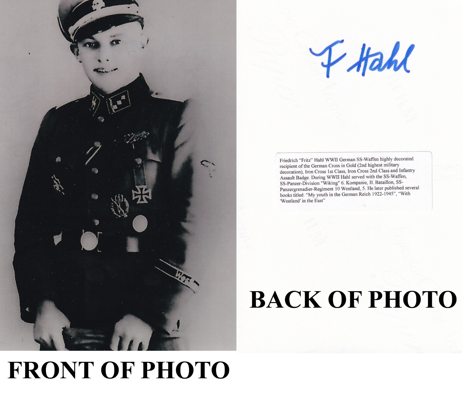 German WWII SS-Waffen Gold Cross Fritz Hahl SIGNED 4x6 PHOTO
