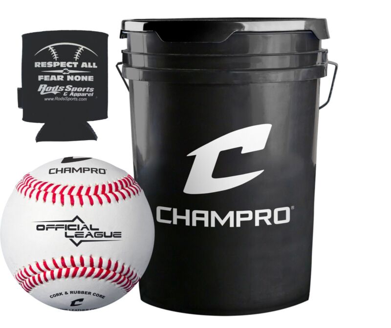 CHAMPRO CBB-40 Genuine Leather Cover Baseballs in a Black Bucket – 30 Balls