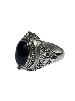 Sterling Silver Bali Hand-Made Large Black Onyx Poison Ring 14x10mm