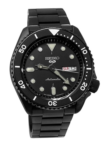 Pre-owned Seiko 5 Sports Automatic Srpd65 Black Day Date Stainless Steel Bracelet Watch