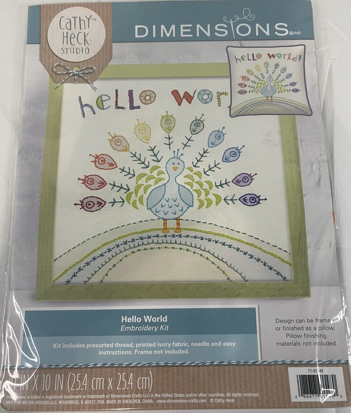 Hello World Embroidery Kit Peacock Rainbow Feathers