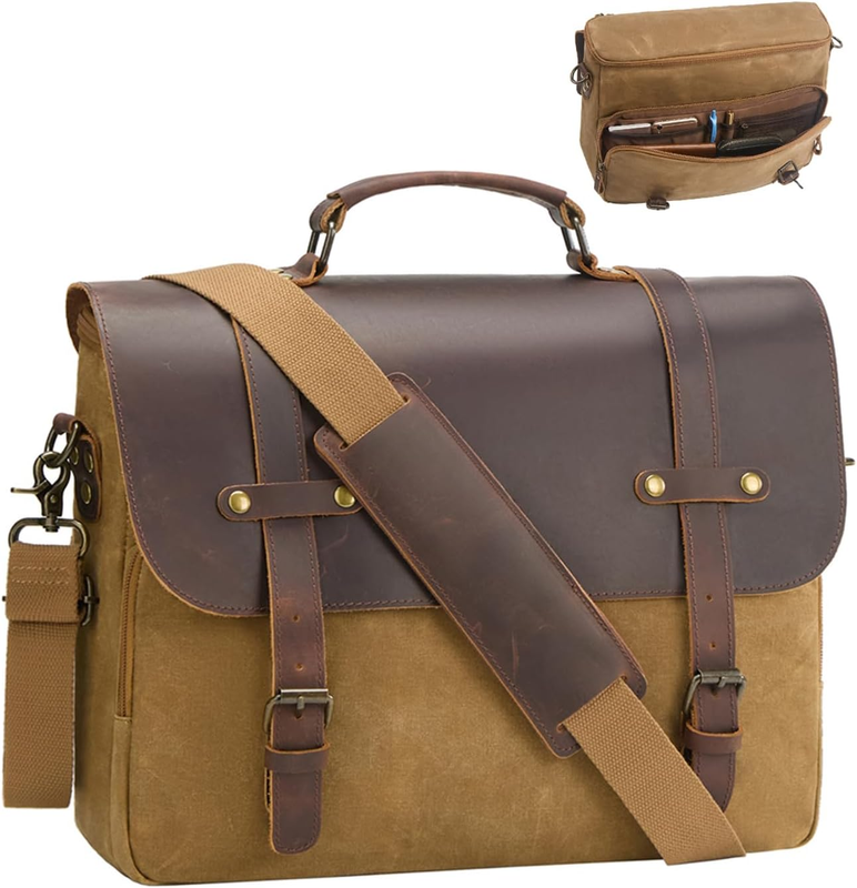 Mens Waxed Canvas Messenger Bag 16 Laptop Briefcase Leather