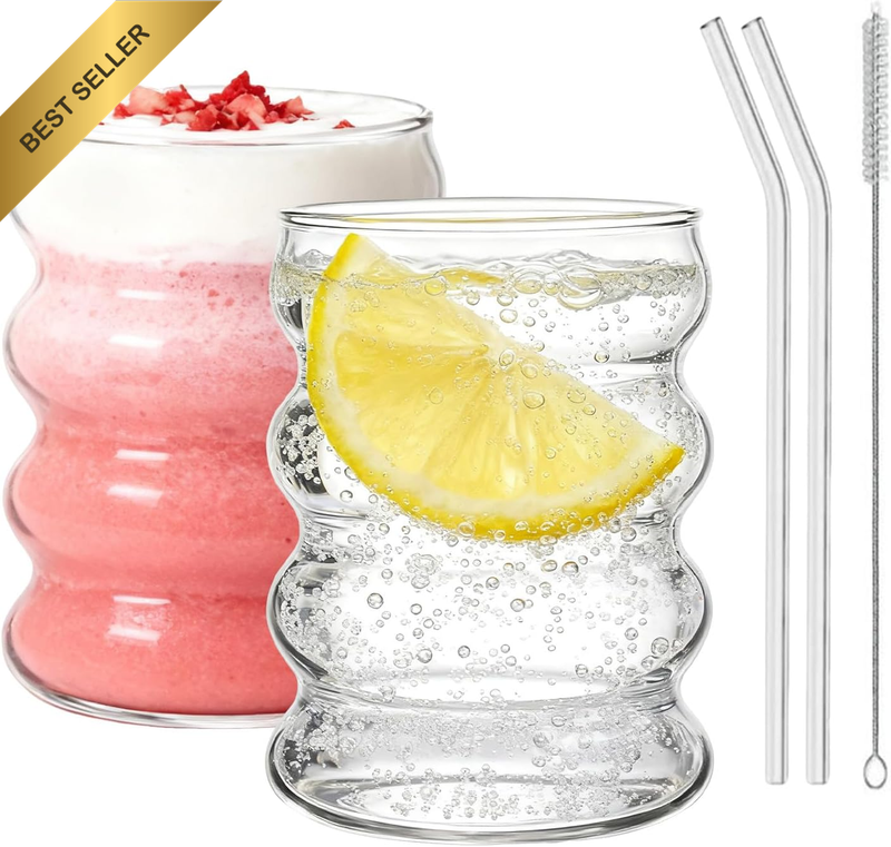 2 Pcs Drinking Glasses with Glass Straw 320Ml Glassware Set for Iced Coffee Cock