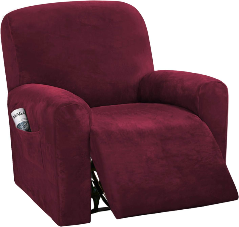 Velvet Stretch Recliner Couch Covers 4-Pieces Style Recliner Chair Covers Recliner Cover for Reclining Chair Slipcovers Feature Non Slip Form Fitted Thick Soft Washable, Burgundy