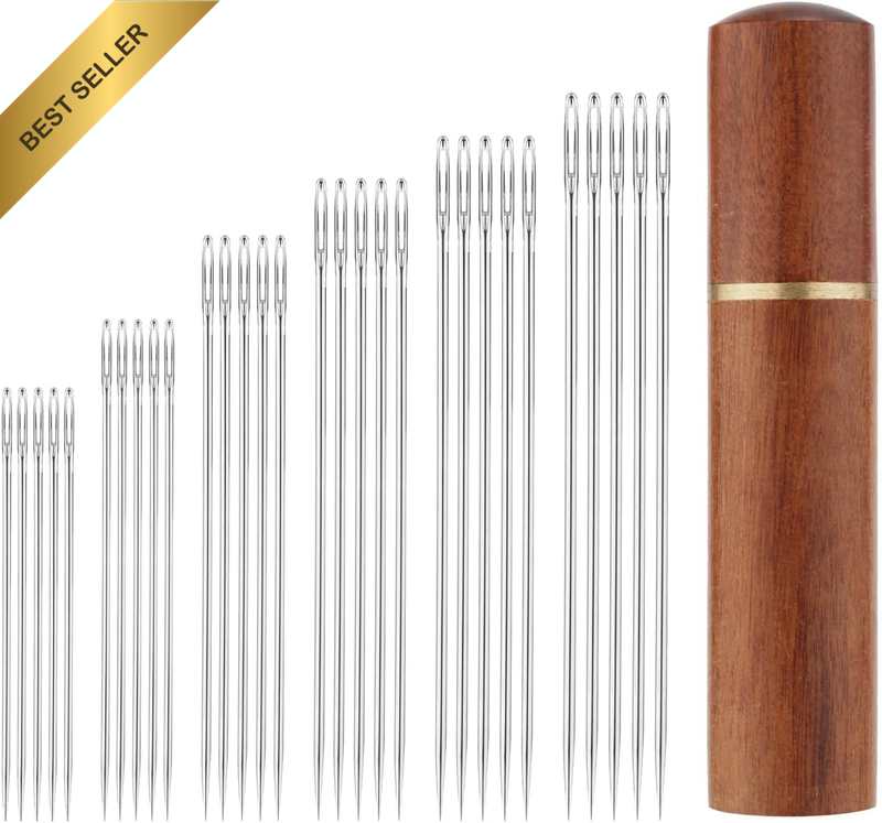 30Pcs Large Eye Stainless Steel Sewing Needles Kit with Wooden Box
