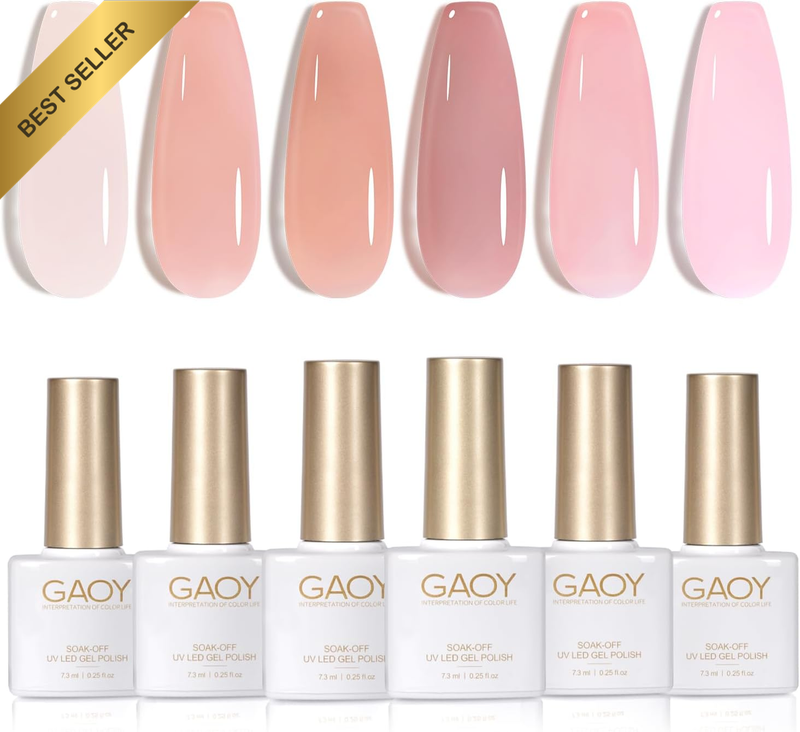 Jelly Nude Pink Gel Nail Polish Set, 6 Transparent Sheer Colors Soak off UV Ligh