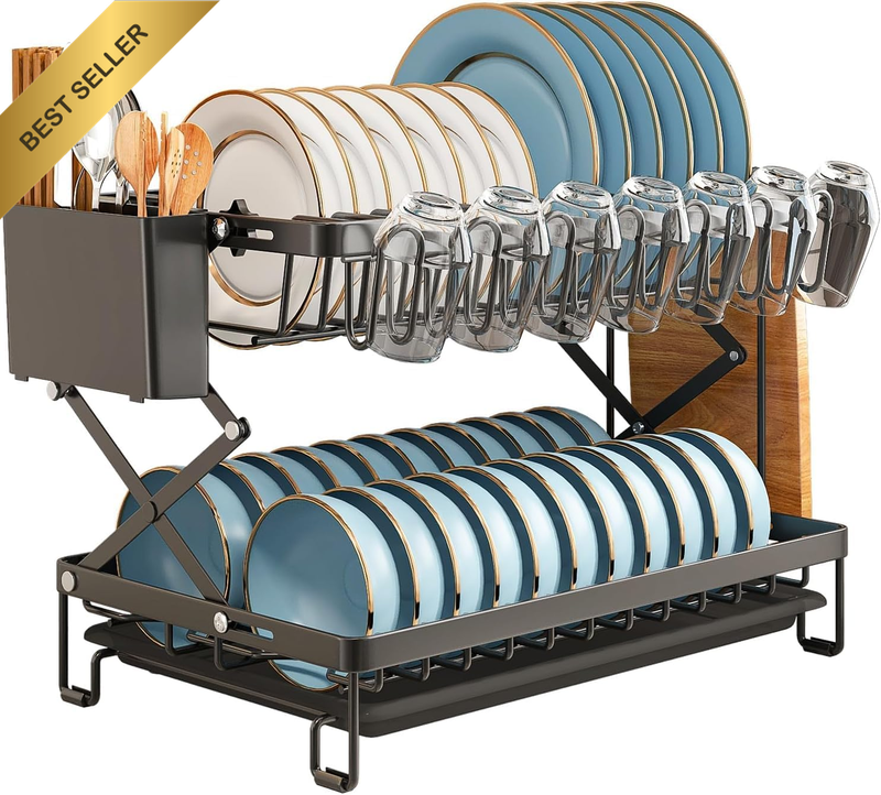 2-Tier Dish Drying Rack with Drainage Tray – Large Capacity Folding Kitchen Dish