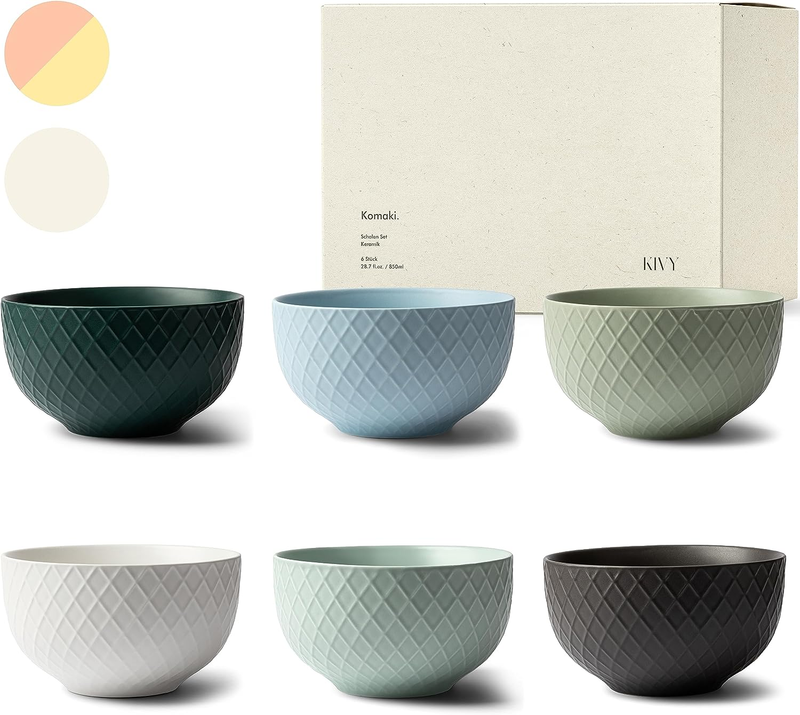 Large Cereal Bowls Set of 6 [28Oz] - Embossed Ceramic Bowls for Soup, Oatmeal an