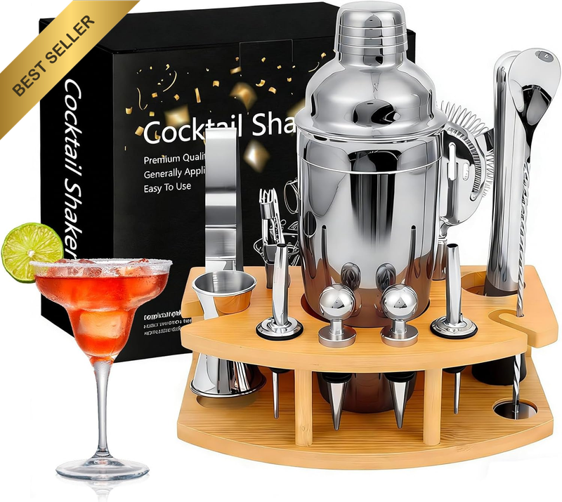 12 Pcs Stainless Steel Cocktail Shaker Set with Bamboo Rack, 750Ml Stainless Ste