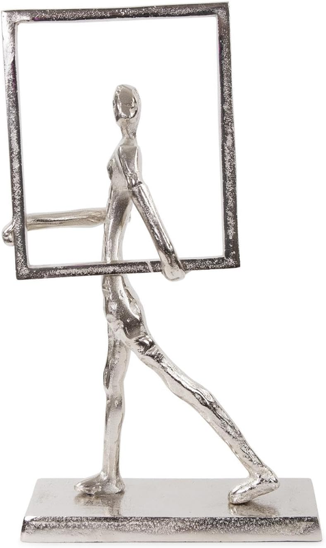 Howard Elliott Rough Nickel Man with Square Frame Sculpture for Home & Garden Decor, Modern Accent Cast Aluminum Finished in Polished Silver for Tabletop, Bookshelf Decor, 16.75 X 9.75 X 3.75 Inch