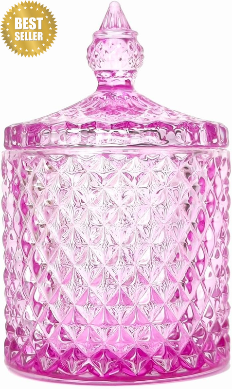 Colorful Glass Jar with Lid, Pink, 5.5" H X 3.4" D, Decorative, Multi-Purpose, W