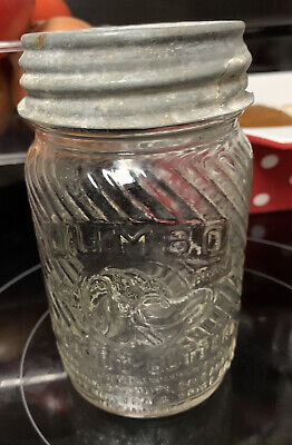 vintage kitchen jar, molded jumbo brand peanut butter 1 lb jar 5 1/2h. 3 inch w.