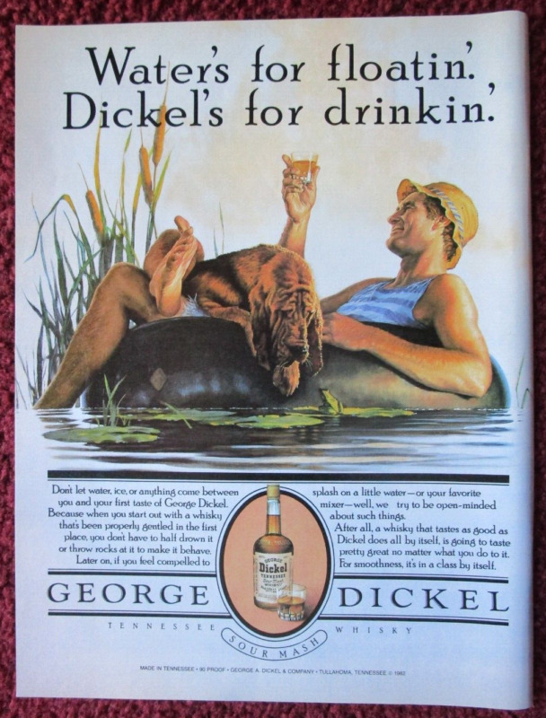 1982 George Dickel Sour Mash Whisky Print Ad ~ Man & Hound Dog Float Tube ART