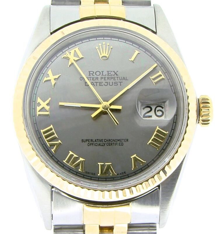 Rolex Datejust Mens 2tone 18k Gold Stainless Steel Watch Slate Gray Roman 16013