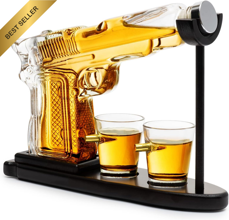 Whiskey Decanter Set 9oz with 2 Glasses Pistol Gun Design Home Bar Gift for Men