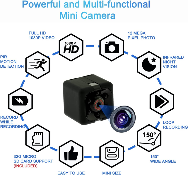 Compact full HD 1080p mini camera with infrared night vision.