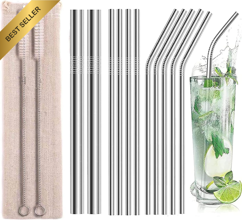 13Pcs Reusable 304 Stainless Steel Silver Straws 4 Straight 5 Bent 2 Boba 2 Brus