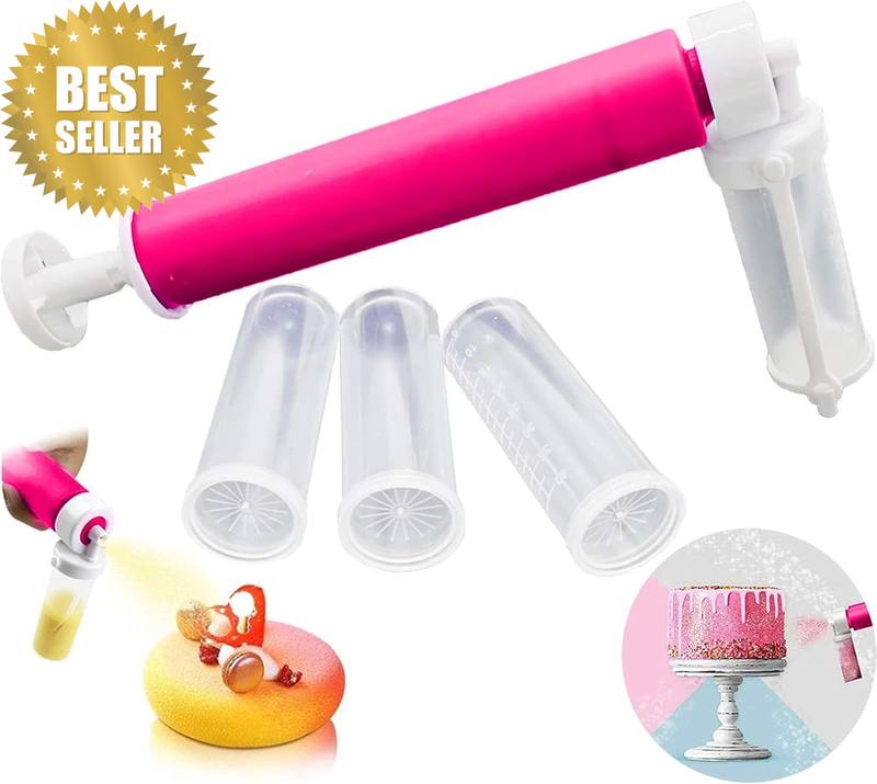 Manual Airbrush for Cakes, DIY Baking Decorating Kit with 4 Tubes, Pink Glitter