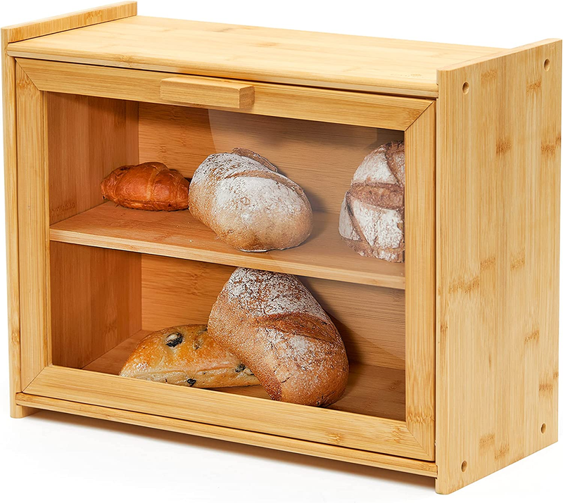 Premium Bamboo Double Layer Bread Box with Clear Window, Bread Storage and Organ