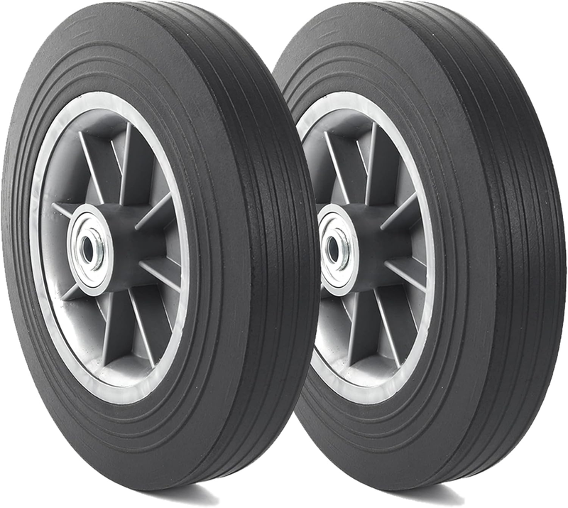 (2-Pack) 10'' x 2'' Flat Free Solid Rubber Tire and Wheel, 3/4" & 5/8" & 1/2" Ax